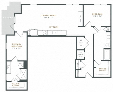 Floor plan for 2 beds, 2 baths, 1230 sqft